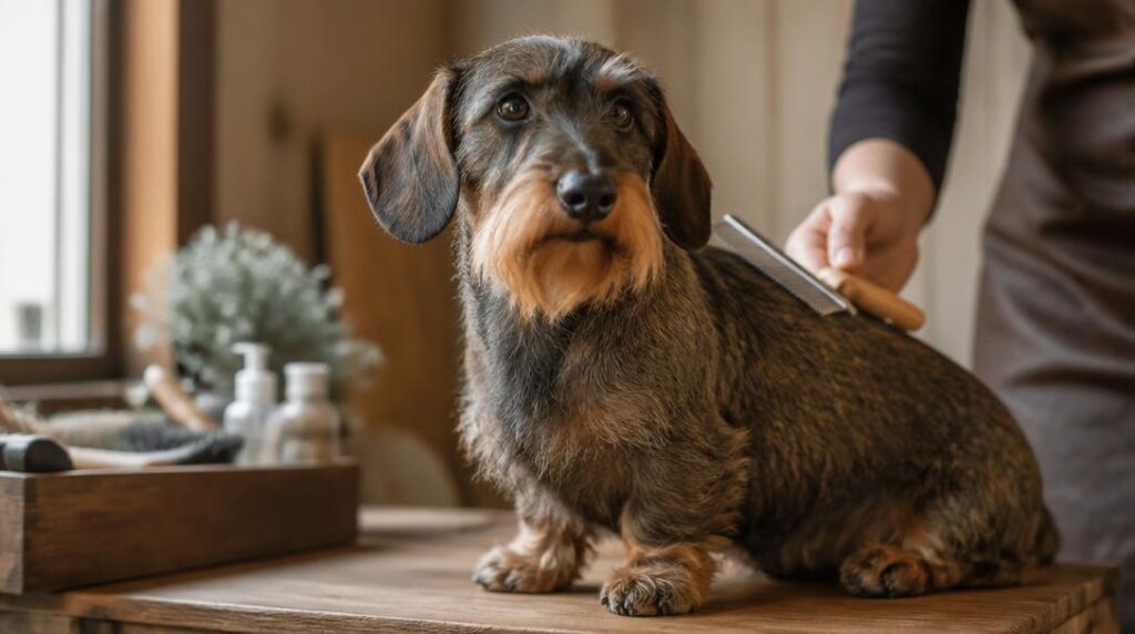 Groomer hand-stripping the wiry coat of a wirehaired dachshund with a metal comb on a wooden grooming table.